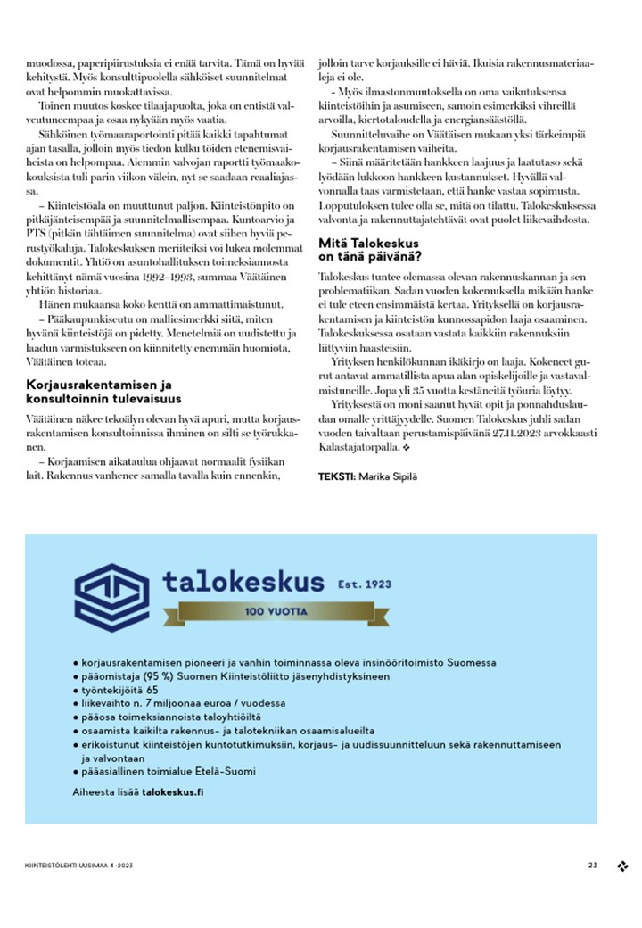 Kiinteistölehti Uusimaa 4-2023 Talokeskus2